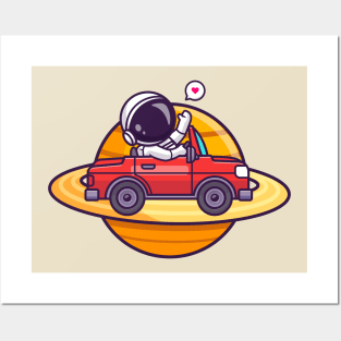 Cute Astronaut Driving Car On Saturn Planet Cartoon Posters and Art